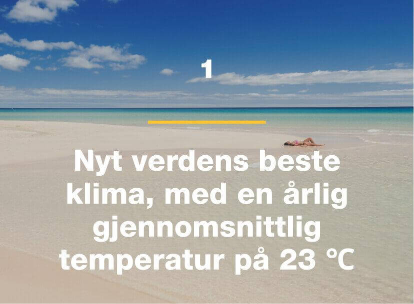 Nyt verdens beste klima, med en årlig gjennomsnittlig temperatur på 23 ℃